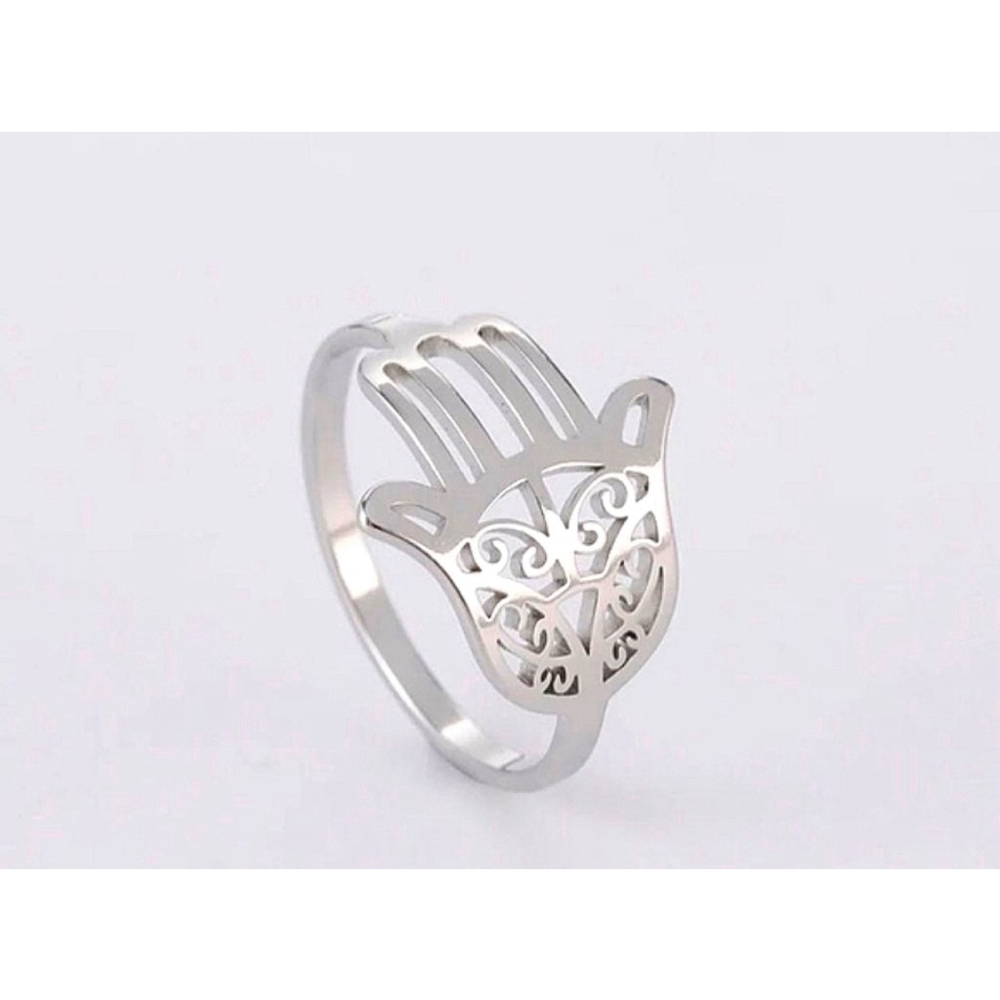 NEW Unisex Hamsa Hand 18k White Gold PVD‎ Pinky Small Ring Size 7